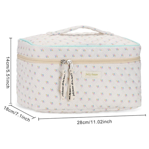 Cotton Makeup Bag, Quilted Cosmetic Bag with Handle Large Capacity Travel Toiletry Bag for Women Cute Aesthetic Floral Makeup Bag (Beige)...