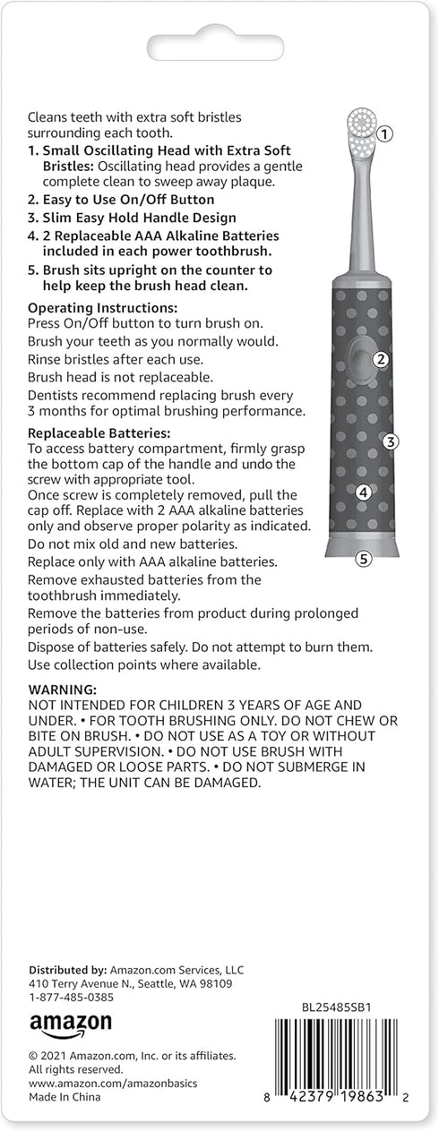 Amazon Basics Kids Battery Powered Toothbrush, 2 Count, 1 Pack (Previously Solimo), Yellow & Blue...