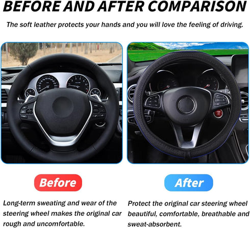 Car Steering Wheel Cover, Leather Auto Steering Wheel Protector, Anti-Slip Car Interior Protection Accessories for Men and Women, 15 inch Universa...