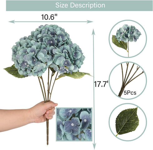 Artificial Flowers Silk Hydrangea Flowers with 5 Heads Fake Flower Bunch Bouquet for Home Wedding Party Decor DIY (Lake Bule?5 Flower Heads)...
