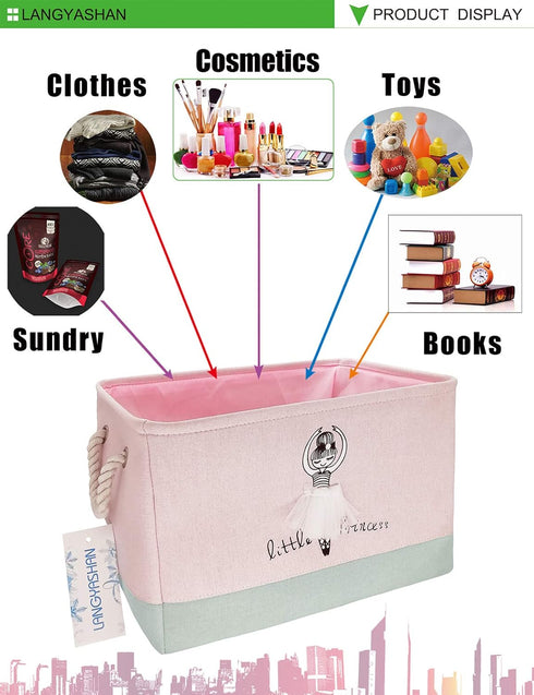 LANGYASHAN Rectangular Storage Bin Collapse Canvas Fabric Cartoon Storage Basket with Handles for Organizing Home Kitchen Boys and Girls Toys Offi...