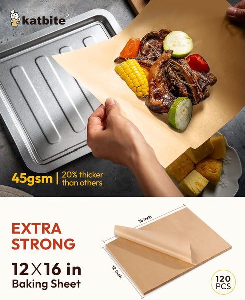 Katbite Unbleached Parchment Paper Baking Sheets, 120Pcs 12x16 Inch Precut Parchment Paper for Baking, Heavy Duty & Non-stick, Half Sheet Paper fo...
