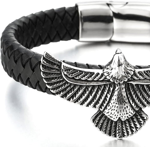 COOLSTEELANDBEYOND Rock Punk Stainless Steel Flying Eagle Bangle Bracelet Black Braided Leather Wristband for Men...