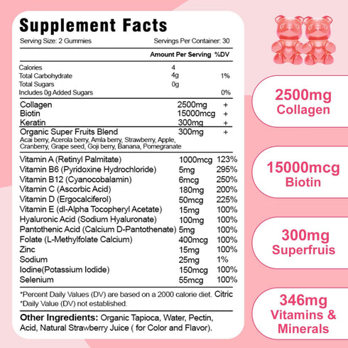 2 Pack Collagen Gummies with Biotin & Keratin - 60 Natural Strawberry Flavored Gummies Supplement...