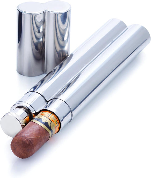 Viski Stainless Steel Cigar Holder with 2 oz Liquor Flask, Slim & Elegant Single Cigar Case with Pocket Flask for Men, Perfect for Whiskey, Bourbo...