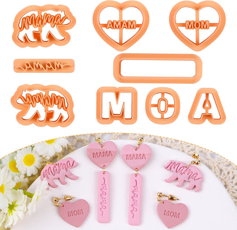 Puocaon Mom Bear Clay Cutters - 9 Pcs Polymer Clay Cutters for Earrings Making, Embossed Bear Clay Cutters for Polymer Clay Jewelry, Mama Letters ...