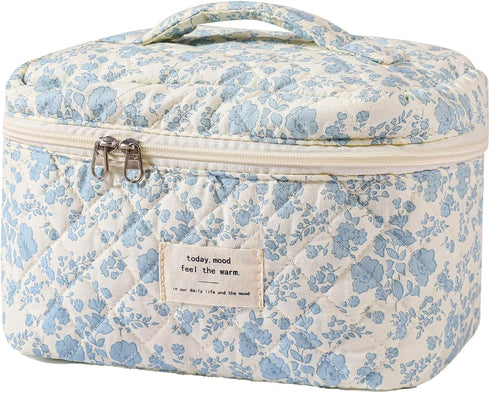 Large Travel Quilted Makeup Bag for Women, Floral Cotton Cosmetic Bag, Coquette Aesthetic Floral Toiletry Organizer Bag...