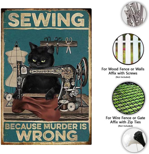Yepzoer Cat Kitty Sewing Retro Style,Sewing Because Murded is Wrong,Bar Sign Wall Art Decor Metal Sign Coffee Sign,12x8 inch...
