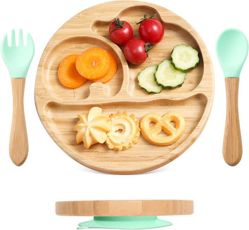 Suction Plates for Baby & Toddler, Bamboo Divided Platter Feeding Dishes with Silicone Fork& Spoon, All-Natural Baby Food Plate Stays for Baby-Led...