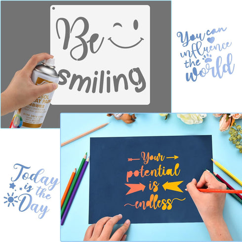 16 Pieces Inspirational Word Stencil Kit Motivational Stencils Inspirational Word Reusable Polyester Film Template Stencils with Open Ring for Pai...