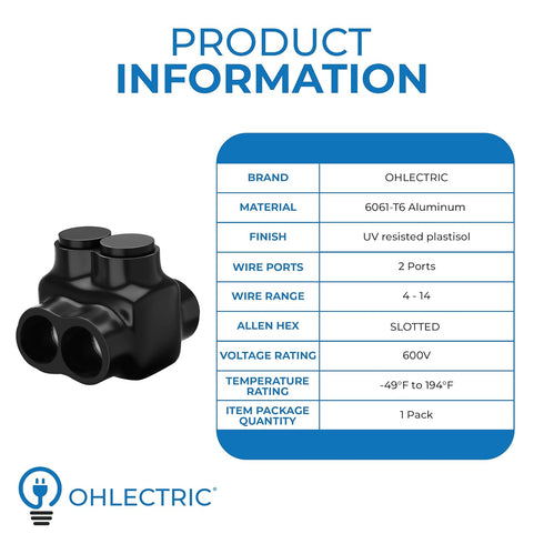 OhLectric Multi Cable Connectors with 2 Port 4-14 Wire Range - Dual Entry Splice Electrical Power Connector - Black Insulated Vinyl Coated Wire Co...