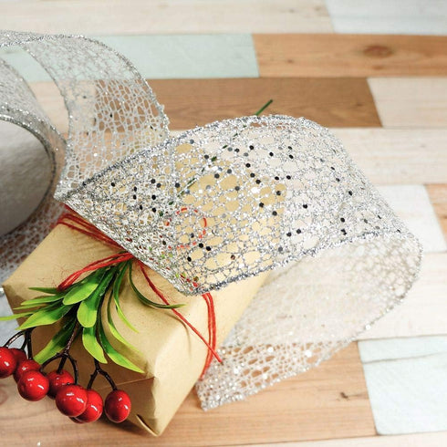 CT CRAFT LLC Sparkling Glitter Mesh Wired Ribbon 2.5" x 10 Yards Silver for Christmas Home Decor Bow Gift Wrapping DIY Crafts Wreath...