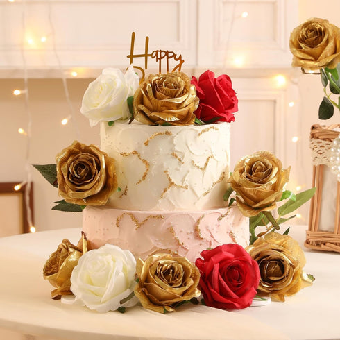 Veryhome 10 Pcs Artificial Gold Flowers Silk Roses Real Touch Bridal Wedding Bouquet Gold Rose for Christmas Home Garden Party Floral Decor...