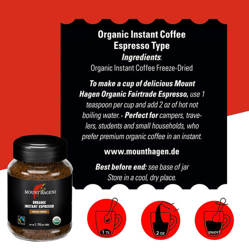 Mount Hagen Instant Espresso Ground Coffee, Eco-friendly Organic Espresso Coffee Made From Medium Roast Arabica Beans, Freeze Dried Instant Coffee...