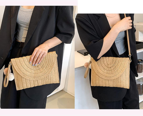 Straw Crossbody Bags for Women Straw Clutch Bag Straw Beach Bag Straw Purse Summer Handbag Straw Envelope Wallet...