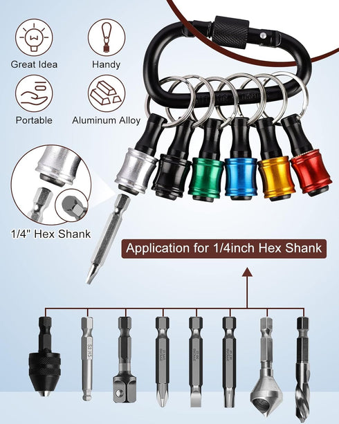 12pc Portable Bit holder Keychain, 1/4in Hex Shank Screwdriver Bit Clip for Impact Driver Flexible Drill Bit Extension Nut Driver W/Black Carabine...