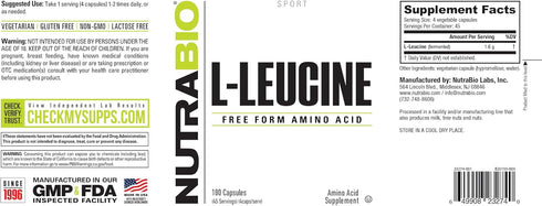 NutraBio 100% Pure L-Leucine - Muscle Recovery and Support - Naturally Fermented Free Form Amino Acid - Vegan, Non-GMO, Gluten Free - 400mg, 180 c...