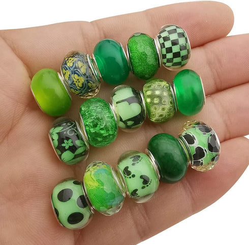 50pcs Assorted Green Resin Imitation Glass European Large Hole Beads Rhinestone Metal Spacer Charms Bead Assortments for DIY Crafts Bracelets Neck...
