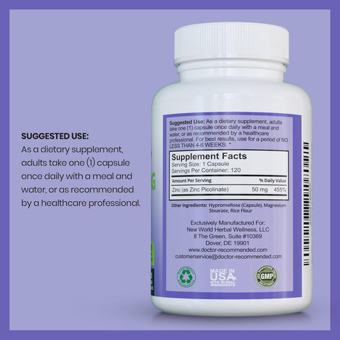 Zinc 50mg - Zinc Picolinate Immune Health Support Supplement 120 Veggie Capsules for Adults and Kids Vitamin, Well-Absorbed High Potency Pure Zinc...