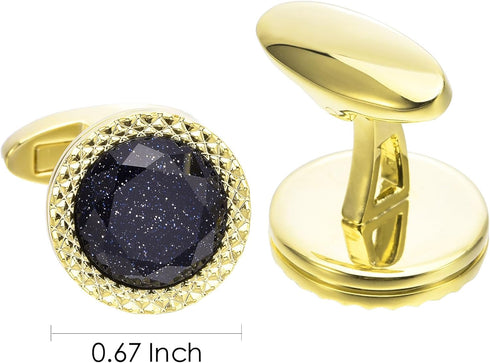 Blue Sandstone Round Men's Cufflinks In Gift Case Silver / 14K Gold Plated Natural Gemstone Cufflinks for Men Jewelry for Wedding Party Business B...