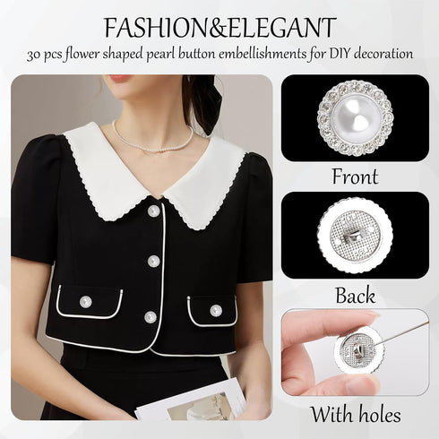 30 Pcs Faux Pearl Buttons with Rhinestone, Silver Retro Vintage Pearl Acrylic Buttons Round Crystal Buttons Sew on Buttons Embellishments for DIY ...