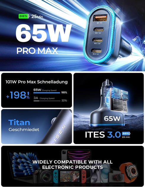 LISEN USB C Car Charger 65W+36W 4 Port Fast Charging Car Charger Adapter PD3.0 & QC3.0 Cigarette Lighter Car USB Charger Multi Port with Cable,Com...