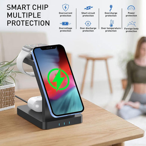 3 in 1 Magnetic Wireless Charger, 15 Watt Fast Charging, Wirelessly Charges Multiple Devices, MagSafe Compatible, for iPhone 14/Pro/Max/Plus/13/12...