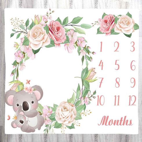 Baby Memory Blanket, Koala Cute Animal Flowers Newborn Baby Monthly Milestone Blanket for Girls Princess Baby Age Blanket, 48x40 Inch Nurse Receiv...