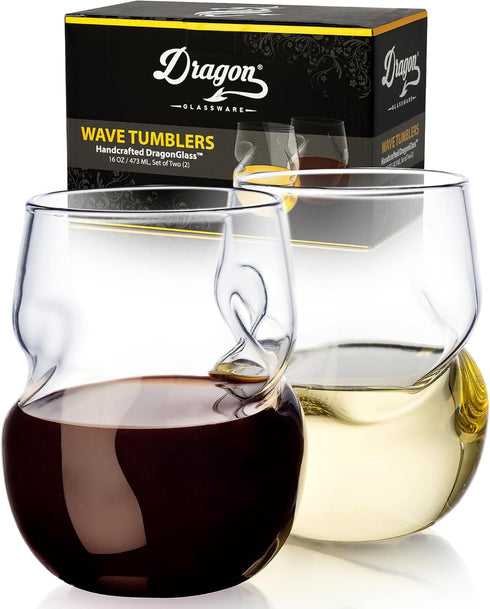 Dragon Glassware Stemless Wine Glasses - 16 oz Clear Short Wine Glasses Set of 2 with Finger Indentations - Aerates Naturally...