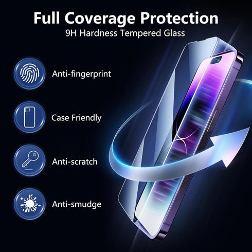 3 Pack for iPhone 14 Pro Screen Protector, 6.1'' 9H Hardness Tempered Glass Screen Protector 14 Pro with Auto Alignment kit [Military Shatterproof...