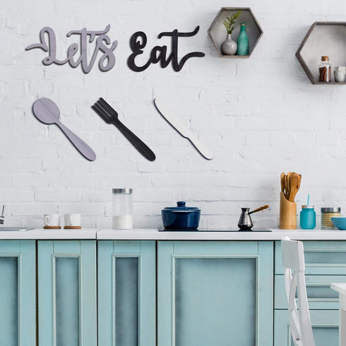 Yerliker 5 Pcs Let's Eat Sign, Wooden Fork Spoon Knife Sign Wall Decor, Rustic Cutout Eat Grey Kitchen Decor for Home Dining Living Room Bar Cafe ...