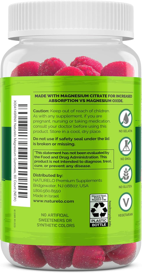 NATURELO Magnesium Citrate Gummies - for Calm & Relaxation Support, Natural Berry Magnesium Gummies, 60 Vegetarian Gummies...