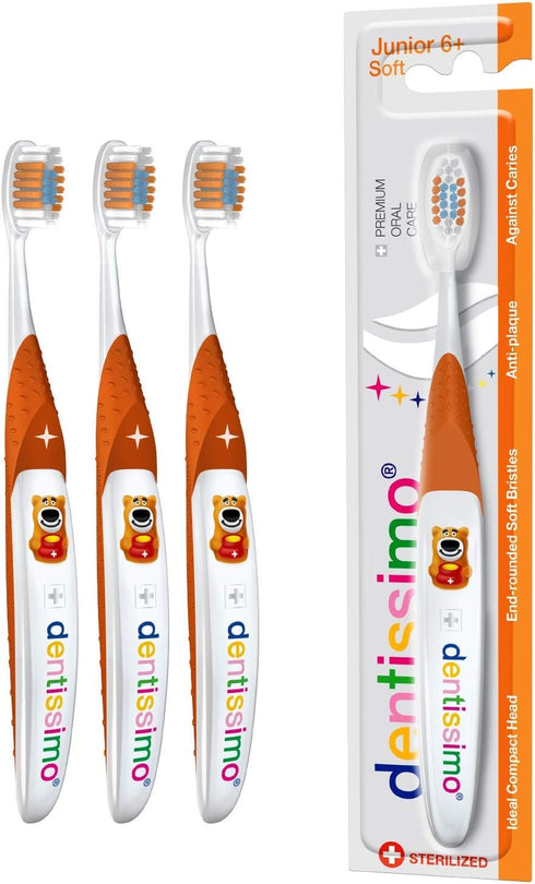 Premium Oral Care Kids Soft Junior Toothbrush for Gentle Cleansing, Ages 6 and Up, Colors May Vary, Pack of 3...