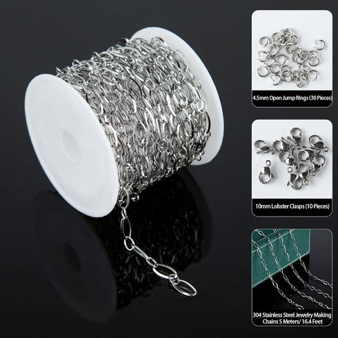 UMAOKANG 16.4 Feet Stainless Steel Chain for Jewelry Making Silver Rolo Loop Link Chain on Spool with 30 Jump Rings 10 Lobster Clasps Necklace DIY...