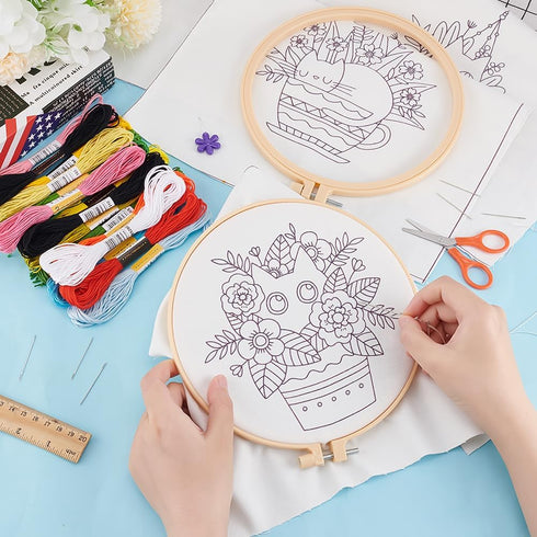 INFUNLY 4 Pack Embroidery Starter Kit Black Cat Cross Stitch Kit with Instructions DIY Beginner Plant Embroidery Set with Plastic Embroidery Hoops...