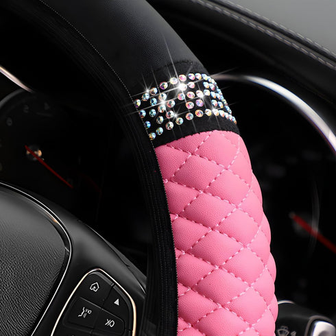 Bling Car Steering Wheel Cover, 15 Inch Rhinestones Soft Leather Elastic Steering Wheel Protector, Sparkly Crystal Diamond for Women Girls, Car In...