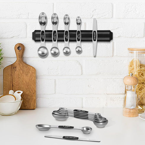 Magnetic Measuring Spoons Set - Wildone Stainless Steel Double Sided Measuring Spoons Set of 7 Black, for Dry & Liquid Ingredients, Including 6 He...