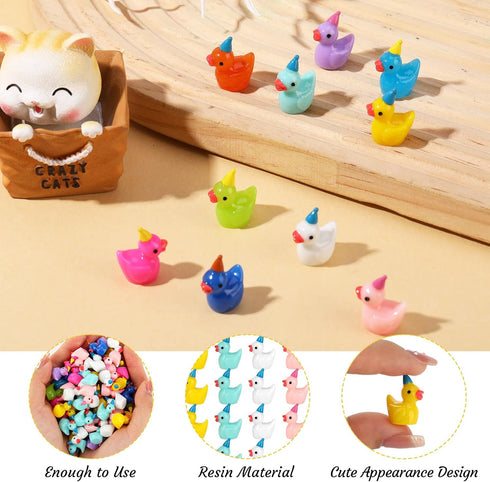 100 Pack Mini Resin Ducks, Multicolor Mini Ducks Wearing Party Hat, Tiny Duck Miniature Duck Figures Tiny Home Ornament for Micro Landscape Dollho...