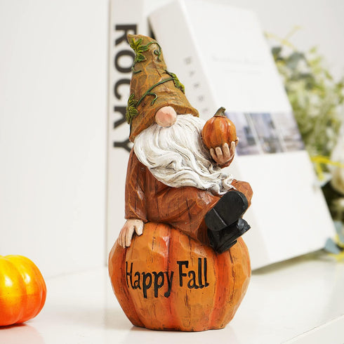 Topadorn Fall Garden Gnome Figurine Sitting on Pumpkin Statue Autumn Harvest Garden Gnomes Statue Figurine for Patio Yard Lawn Porch Decoration?Ha...