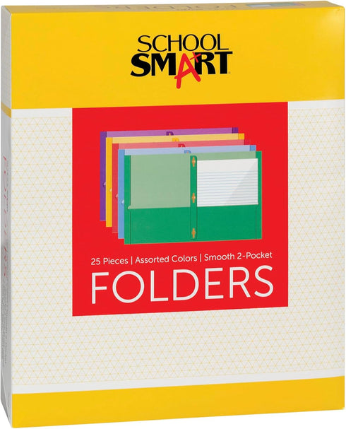 School Smart Smooth 2-Pocket Folder with Fasteners, Assorted Colors, Pack of 25...