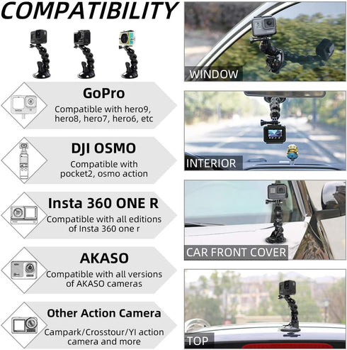 SUREWO Flexible Gooseneck Suction Cup Car Mount Holder for GoPro 12, Flexible Extension Car Windshield Mount with Phone Mount for GoPro Hero 11 10...