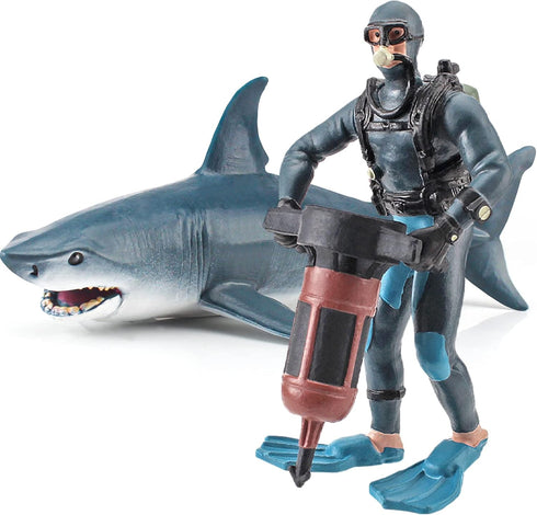 Ocean Sea Marine Animal Figure Toys Playsets 2 PCS Diver Blue Shark Model Toy Desktop Decoration Collection Party Favors Toys for Boys Girls Kids...