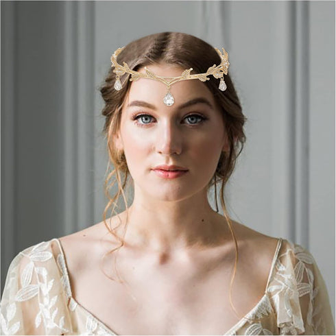 EVER FAITH Wedding Bridal Headband for Brides, Austrian Crystal Teardrop Leaf Costume Hair Accessory Tiara Hair Band Crown for Elf Cosplay Party/B...