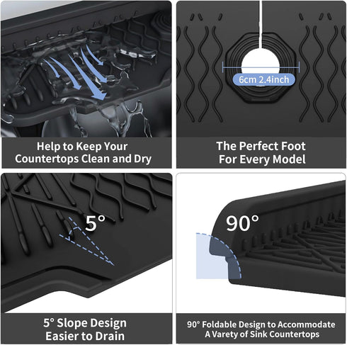 Kitchen Sink Splash Guard, Silicone Draining Mat Kitchen Faucet, 90° Foldable Design to Accommodate a Variety of Sink Countertops Black (17* 5.9)...