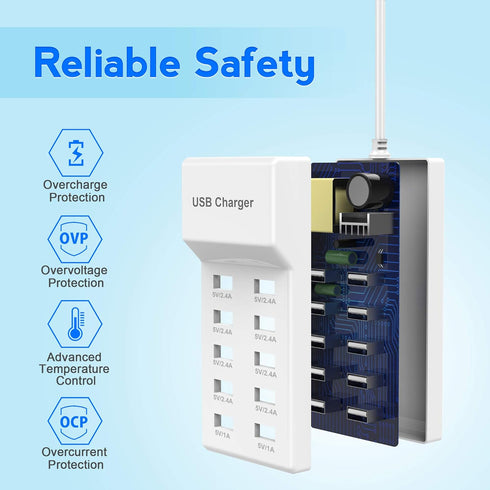 USB Charger Station Block with Rapid Charging Auto Detect Technology Safety Guaranteed 10-Port Family-Sized Smart USB Ports for Multiple Devices S...