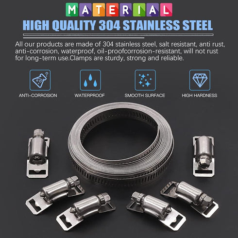 Glarks 7Pcs 10 Feet Long Worm Gear Hose Clamp with Fasteners, 304 Stainless Steel Large Adjustable Pipe Clamps with 6Pcs Fasteners for Ductwork, P...