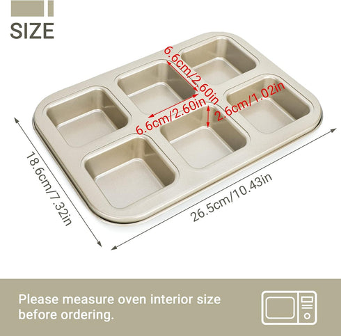 Beasea Brownie Pan, 1 Pack 6 Cavity Gold Nonstick Square Mini Brownie Muffin Cake Pan Cheesecake Cupcake Bakeware Carbon Steel Brownie Baking Tray...