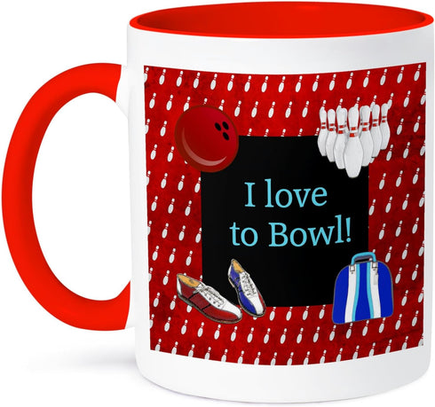 3dRose I Love Bowling Pins Ball Shoes and Bag Red Blue and White Two Tone Mug, 11oz, Multicolored...