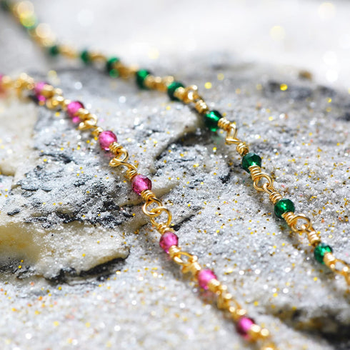 MEVECCO Dainty Gold Beads Bracelets,18K Gold Plated Handmade Cute Emerald Zircon Bead Chain Minimalist Bracelet for Women Jewelry Gifts...