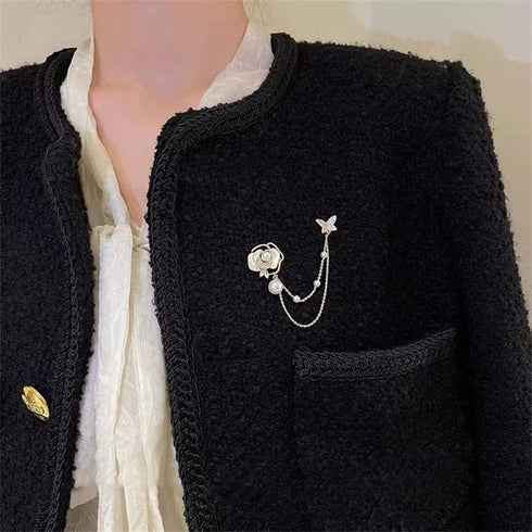 Golden Flower Pearl Brooch Pins for Women Chain Butterfly Cameo Copper Lapel Brooch Pins...